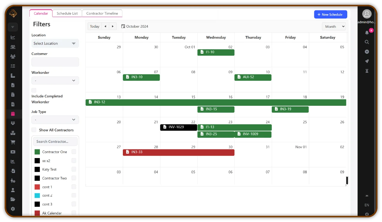 Calendar view of contractor work orders, displaying scheduled tasks, completed work orders, and job types, with color-coded entries for better organization.