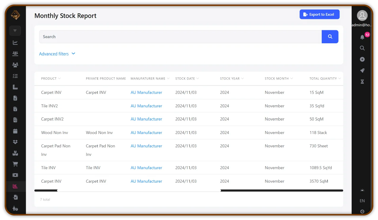 Monthly stock report of homearize flooring software, displaying product inventory details including product names, manufacturer names, stock quantities in various measurements, and stock dates for carpet and tile products.