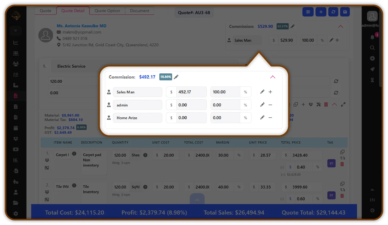 Detailed quote showing commission structure, itemized costs for carpet and tile services, total sales, and profit margins for a customer.