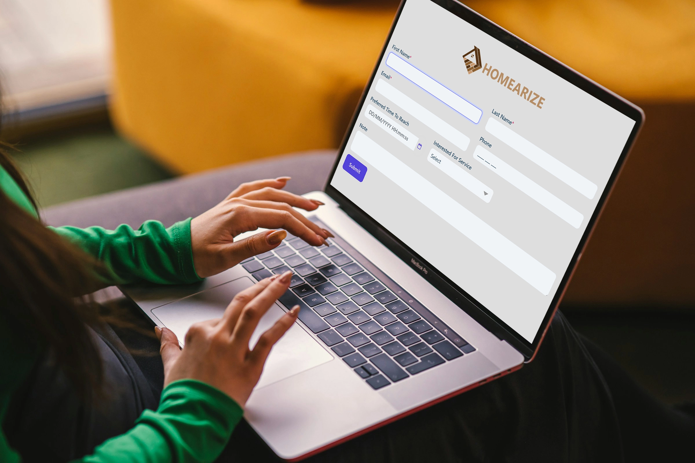 Customer filling out the Homearize web inquiry request form on a laptop, entering personal details and service preferences, set in a cozy environment.