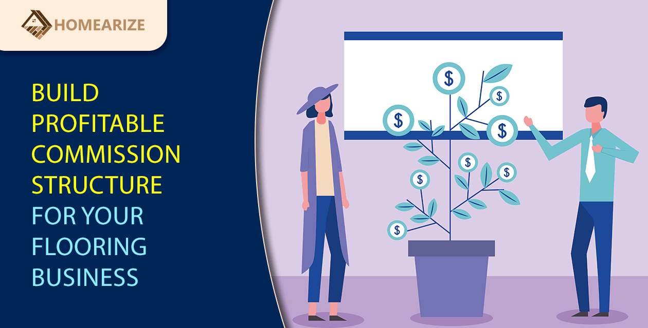 Build a profitable commission structure for your flooring business – illustration of business professionals discussing financial growth with a money tree.