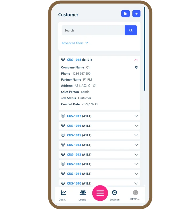 Mobile interface displaying a customer management dashboard with customer details, advanced filters, and job status information of homearize flooring software & flooring business management software.