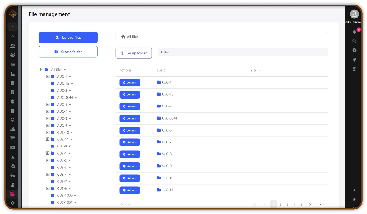 Overview of a file management system dashboard showing a list of folders, including AUC and CU files, with options to upload files, create folders, and manage actions for each folder.