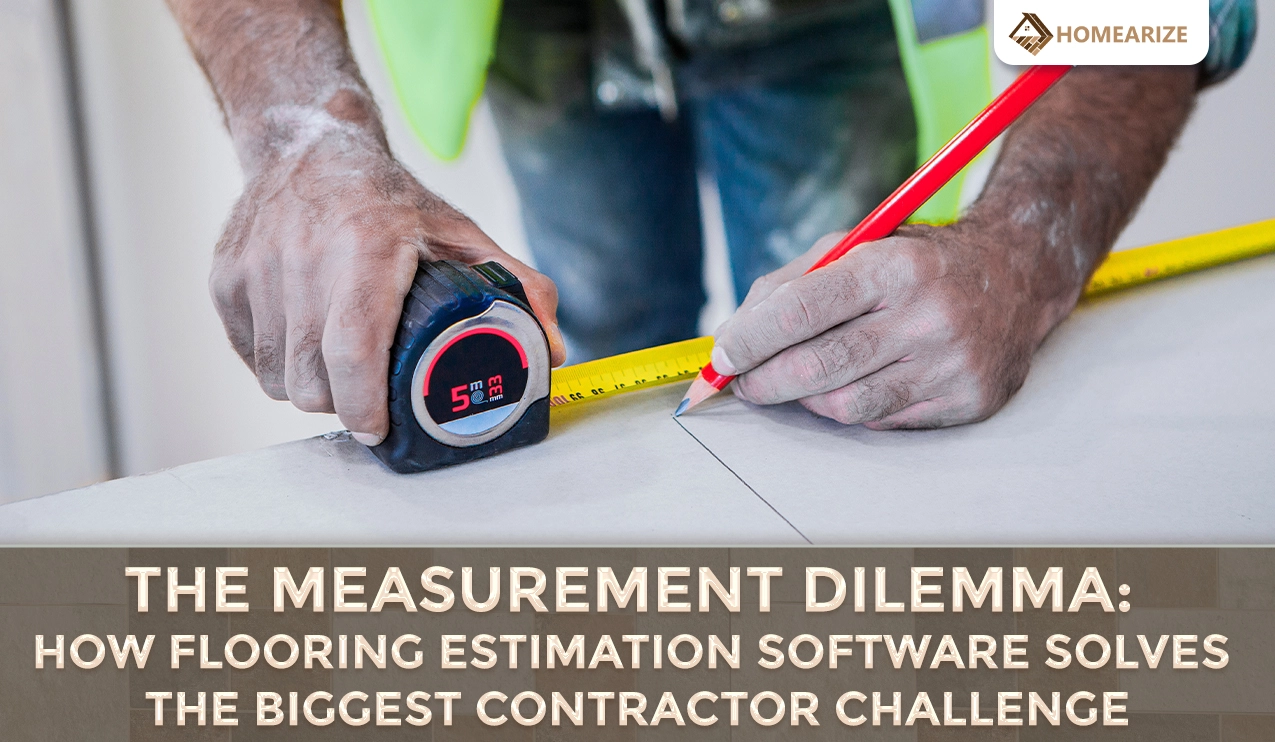 Contractor using a measuring tape and pencil to mark measurements on flooring material, highlighting how flooring estimating software simplifies measurement challenges for contractors.