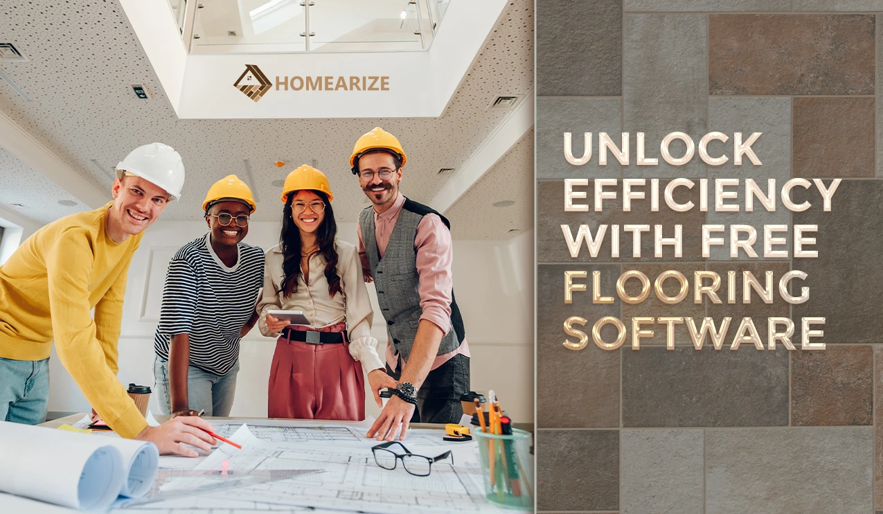 Team of construction professionals wearing hard hats collaborating on flooring plans with Homearize branding and a message promoting free flooring software to unlock efficiency.