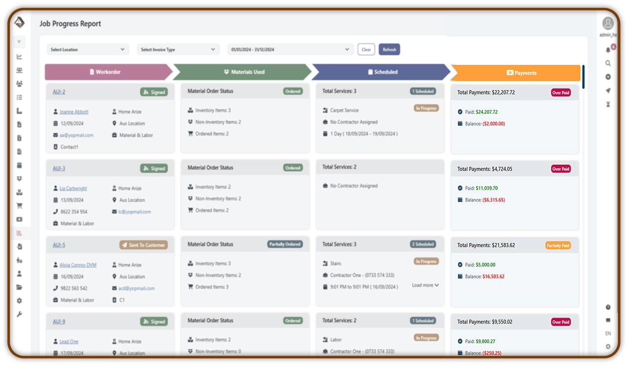 Job progress report displaying work orders, materials used, scheduled services, and payment summaries for various tasks, including statuses like signed, ordered, and paid.