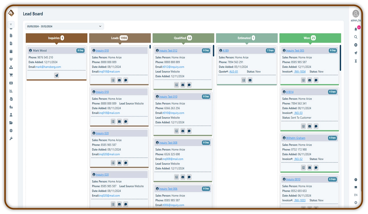 A comprehensive lead management dashboard displaying columns for inquiries, leads, qualified leads, estimates, and won deals, organized with detailed customer and sales information.