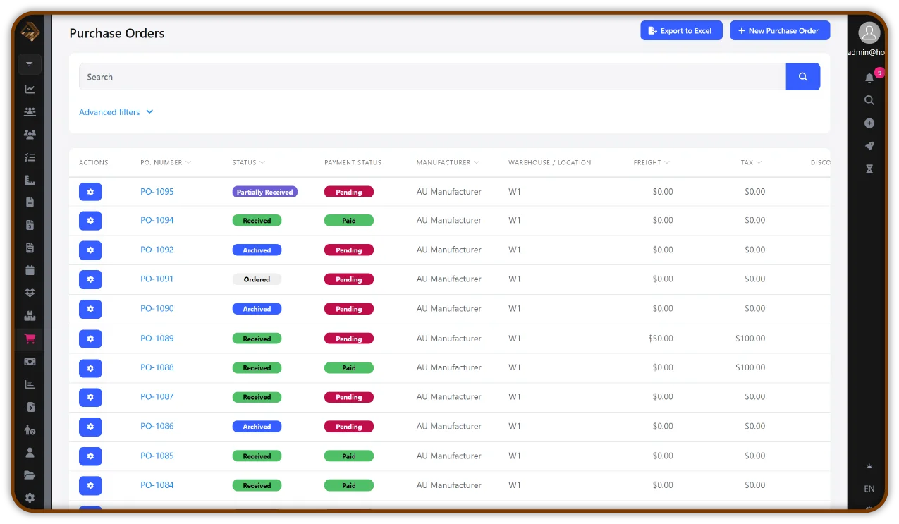 Overview of the purchase orders management dashboard, displaying status updates, payment statuses, and details for multiple purchase orders, including received, pending, and archived entries.