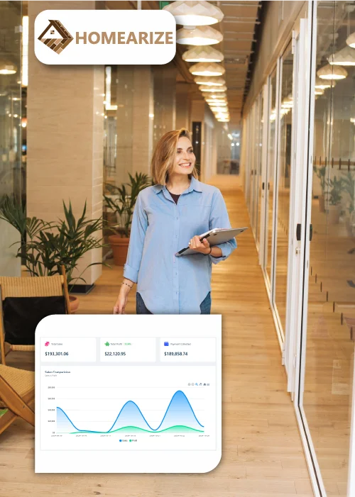 Smiling woman holding a tablet in a modern office with Homearize branding and a real estate analytics dashboard showing sales performance graphs.